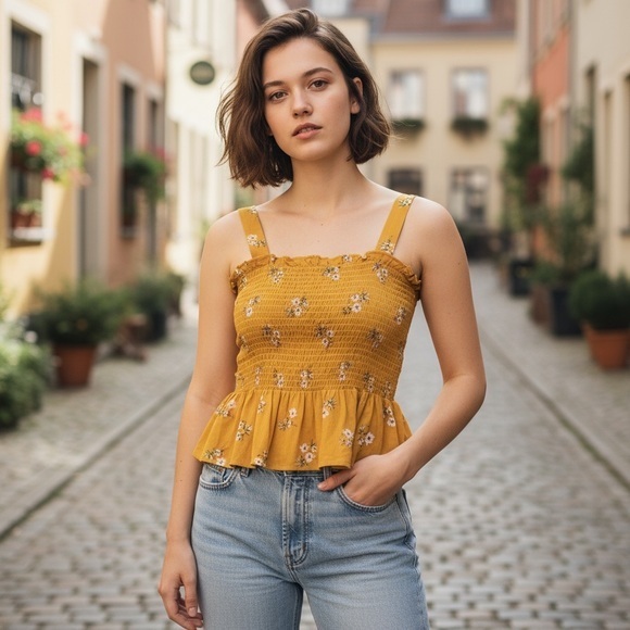 American Eagle Outfitters Tops - American Eagle Gold Floral Shirred Top